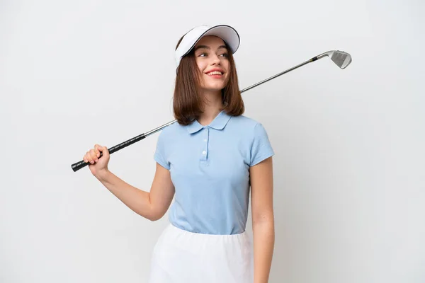 Mladá Ukrajinská Žena Izolované Bílém Pozadí Hrát Golf Při Pohledu — Stock fotografie