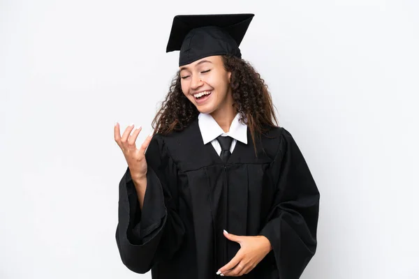 Νεαρή Απόφοιτος Πανεπιστημίου Αραβίδα Γυναίκα Απομονωμένη Λευκό Φόντο Κάνοντας Χειρονομία — Φωτογραφία Αρχείου