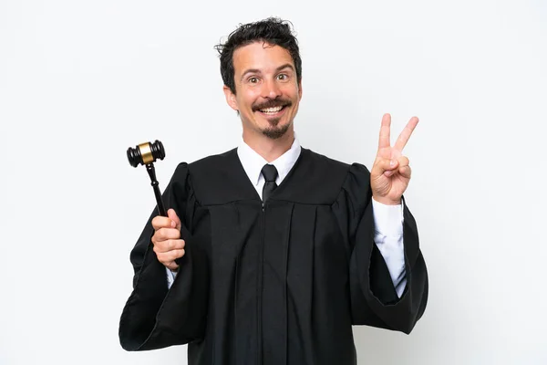 Young Judge Caucasian Man Isolated White Background Smiling Showing Victory — Stock Photo, Image
