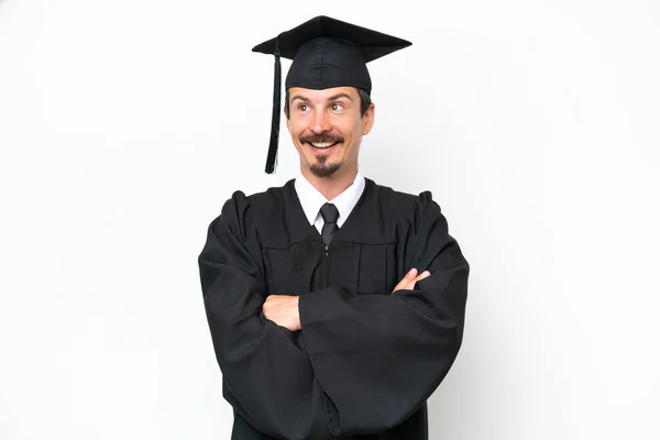 Νεαρός Απόφοιτος Πανεπιστημίου Απομονωμένος Λευκό Φόντο Χαρούμενος Και Χαμογελαστός — Φωτογραφία Αρχείου