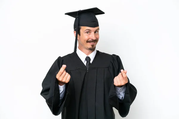 Jovem Universitário Graduado Homem Isolado Fundo Branco Fazendo Dinheiro Gesto — Fotografia de Stock