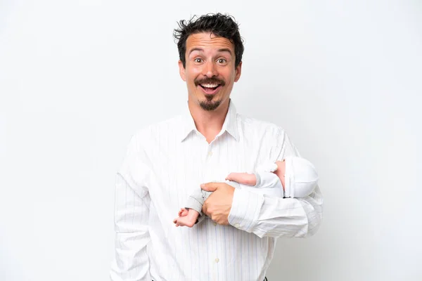 Young Man His Newborn Baby Surprise Shocked Facial Expression — Stock Photo, Image
