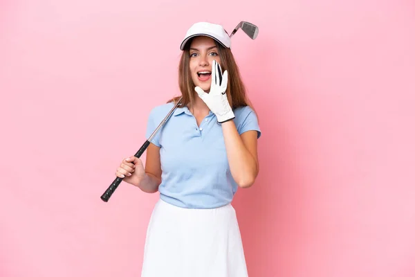 Young Golfer Player Man Isolated Pink Background Shouting Mouth Wide — Stock Photo, Image