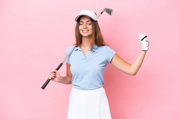 Mladý Golfista Hráč Muž Izolované Růžovém Pozadí Dělá Silné Gesto — Stock fotografie