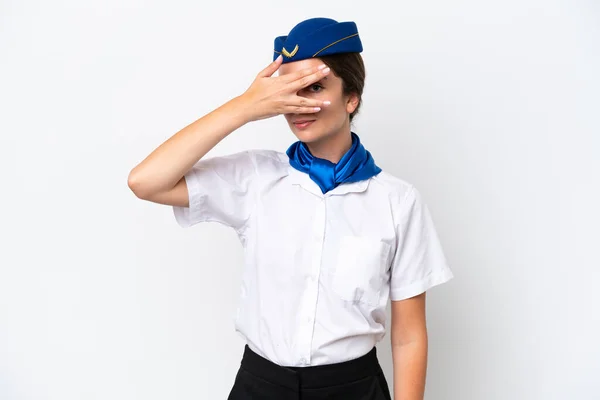 Stewardess Kaukasischen Frau Isoliert Auf Weißem Hintergrund Bedeckt Augen Mit — Stockfoto
