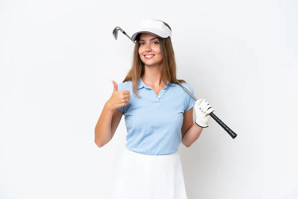Giovane Donna Caucasica Isolata Sfondo Bianco Giocare Golf Con Pollici — Foto Stock