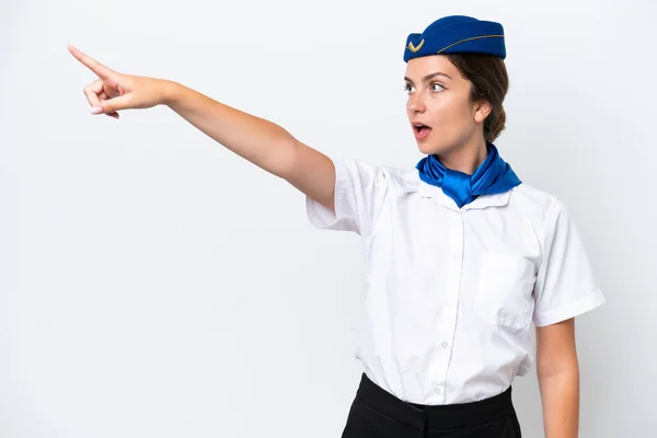 Αεροπλάνο Αεροσυνοδός Καυκάσιος Γυναίκα Απομονωμένη Λευκό Φόντο Δείχνει Μακριά — Φωτογραφία Αρχείου
