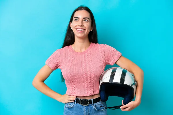 Young Caucasian Woman Motorcycle Helmet Isolated Blue Background Posing Arms — Foto de Stock