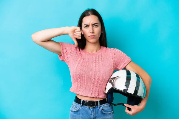 Young Caucasian Woman Motorcycle Helmet Isolated Blue Background Showing Thumb — Stock Photo, Image
