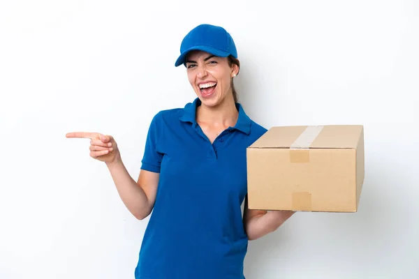 Delivery Caucasian Woman Isolated White Background Pointing Finger Side Presenting — Stockfoto