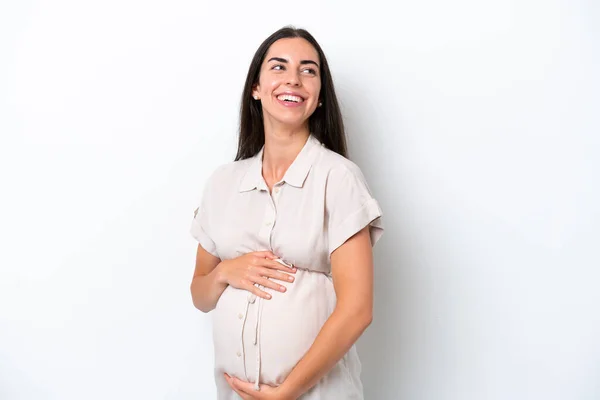 Mladá Běloška Žena Izolované Bílém Pozadí Těhotné Šťastné — Stock fotografie