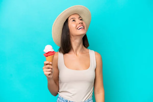 Young Caucasian Woman Holding Ice Cream Isolated Blue Background Laughing — 스톡 사진