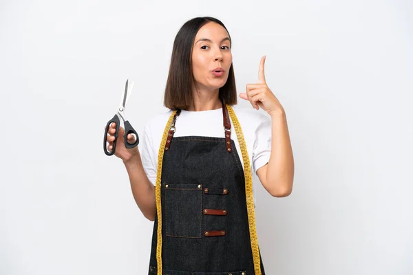 Young Seamstress Woman Isolated White Background Intending Realizes Solution While — ストック写真