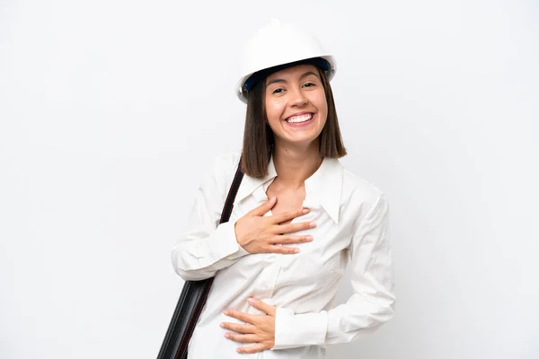 Young Architect Woman Helmet Holding Blueprints Isolated White Background Smiling — Stok fotoğraf