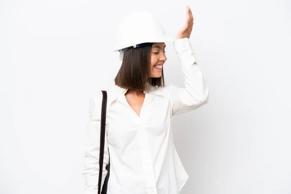 Young Architect Woman Helmet Holding Blueprints Isolated White Background Has — Stok fotoğraf