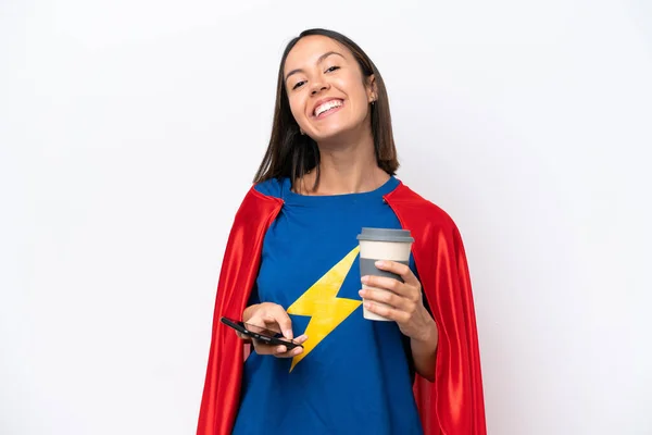 Super Hero Caucasian Woman Isolated White Background Holding Coffee Take — ストック写真
