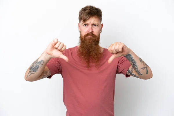 Redhead Man Long Beard Isolated White Background Showing Thumb Two — Stock Photo, Image