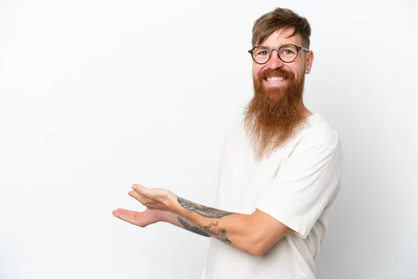 Redhead Man Long Beard Isolated White Background Extending Hands Side — Stock Photo, Image