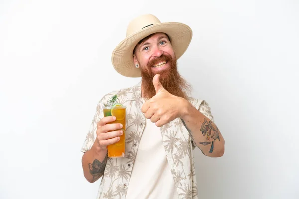 Redhead Man Long Beard Drinking Cocktail Beach Isolated White Background — Stockfoto
