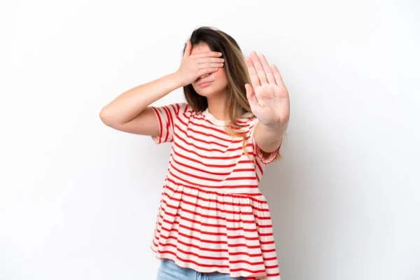 Young Caucasian Woman Isolated White Background Making Stop Gesture Covering — Stock Photo, Image