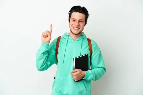 Mladý Student Muž Izolovaný Bílém Pozadí Ukazuje Zvedá Prst Znamení — Stock fotografie