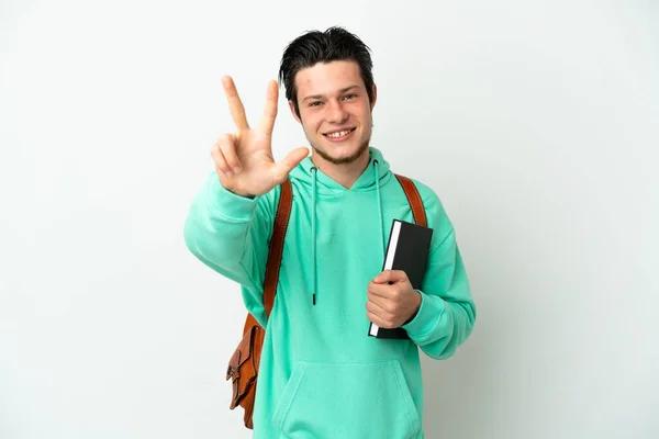 Νεαρός Μαθητής Απομονωμένος Λευκό Φόντο Χαρούμενος Και Καταμέτρηση Τρία Δάχτυλα — Φωτογραφία Αρχείου