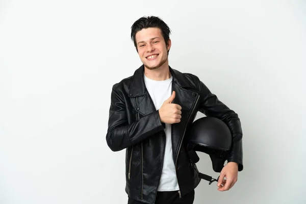 stock image Russian man with a motorcycle helmet isolated on white background giving a thumbs up gesture