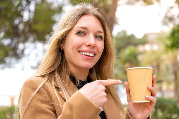Young Pretty Blonde Woman Holding Take Away Coffee Outdoors — Stock Photo, Image