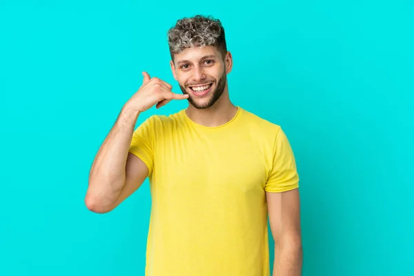 Young Handsome Caucasian Man Isolated Blue Background Making Phone Gesture — Stock fotografie