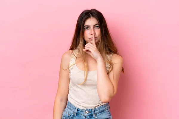 Young Caucasian Woman Isolated Pink Background Showing Sign Silence Gesture — Stock Photo, Image