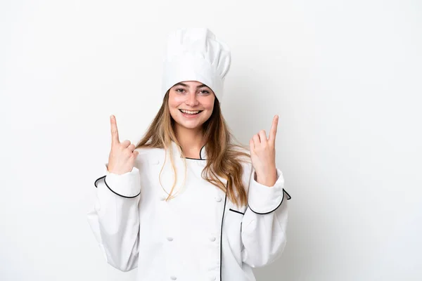Jonge Kaukasische Chef Kok Vrouw Geïsoleerd Witte Achtergrond Wijzend Een — Stockfoto