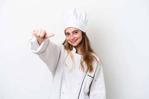 Joven Mujer Chef Caucásica Aislado Sobre Fondo Blanco Dando Gesto —  Fotos de Stock
