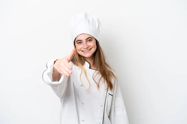 Joven Mujer Chef Caucásica Aislada Sobre Fondo Blanco Estrechando Las —  Fotos de Stock