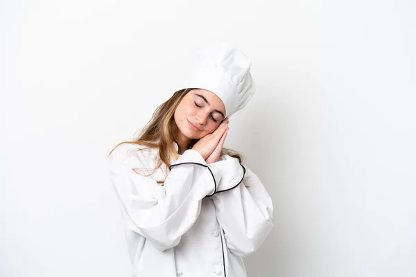 Jonge Kaukasische Chef Kok Vrouw Geïsoleerd Witte Achtergrond Maken Slaap — Stockfoto