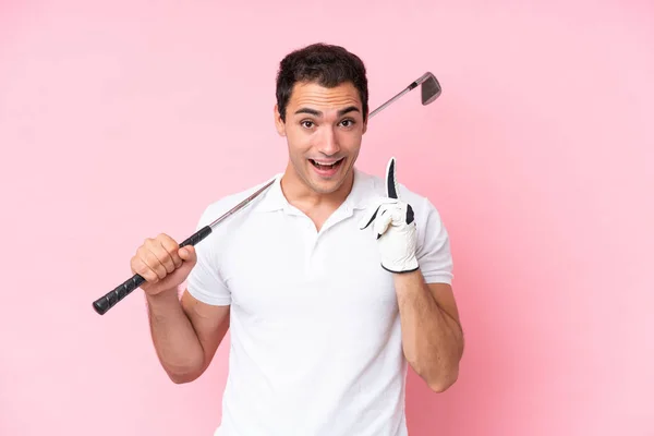Young Golfer Player Man Isolated Pink Background Intending Realizes Solution — 图库照片