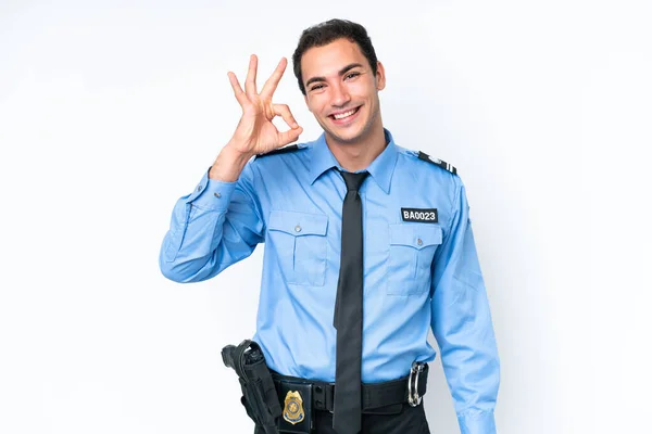 Молодий Поліцейський Білий Чоловік Ізольований Білому Тлі Показуючи Знак Пальцями — стокове фото