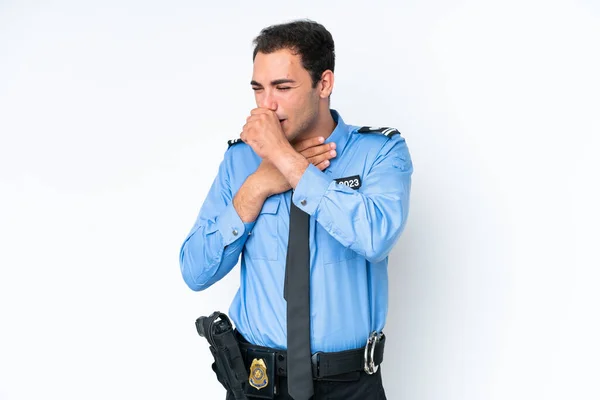Giovane Uomo Caucasico Polizia Isolato Sfondo Bianco Sta Soffrendo Tosse — Foto Stock