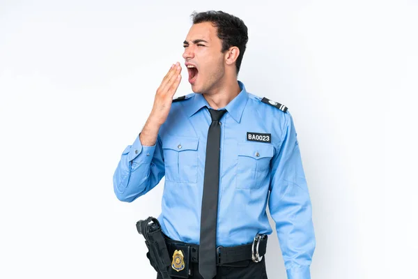 Young Police Caucasian Man Isolated White Background Yawning Covering Wide —  Fotos de Stock