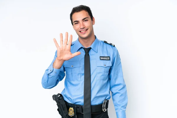 Молодий Поліцейський Білий Чоловік Ізольований Білому Тлі Підраховуючи Ять Пальцями — стокове фото