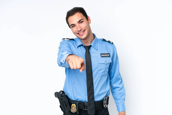 Młody Policjant Kaukaski Człowiek Odizolowany Białym Tle Wskazuje Palcem Ciebie — Zdjęcie stockowe