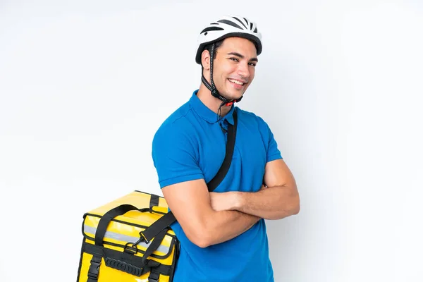 Young Caucasian Man Thermal Backpack Isolated White Background Arms Crossed — Fotografia de Stock
