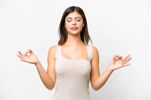 Young Russian Woman Isolated White Background Zen Pose — Stock Photo, Image