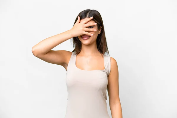 Young Russian Woman Isolated White Background Covering Eyes Hands Smiling — Stockfoto