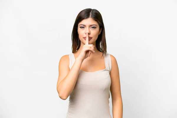 Young Russian Woman Isolated White Background Showing Sign Silence Gesture — Stock Photo, Image