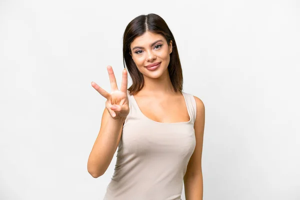 Молодая Россиянка Изолированном Белом Фоне Счастлива Считает Троих Пальцами — стоковое фото