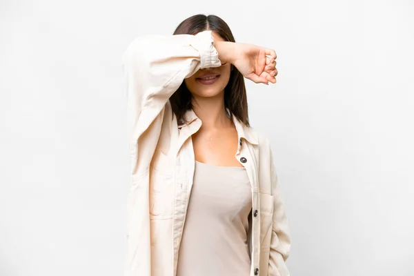 Young Russian Woman Isolated White Background Covering Eyes Hands — Stock Photo, Image