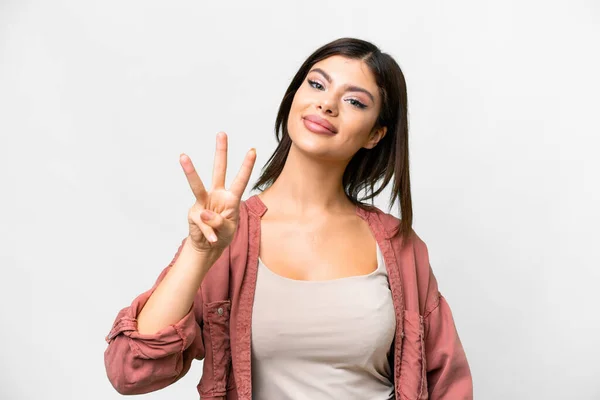 Genç Rus Kadın Izole Edilmiş Beyaz Arka Planda Mutlu Parmaklarıyla — Stok fotoğraf