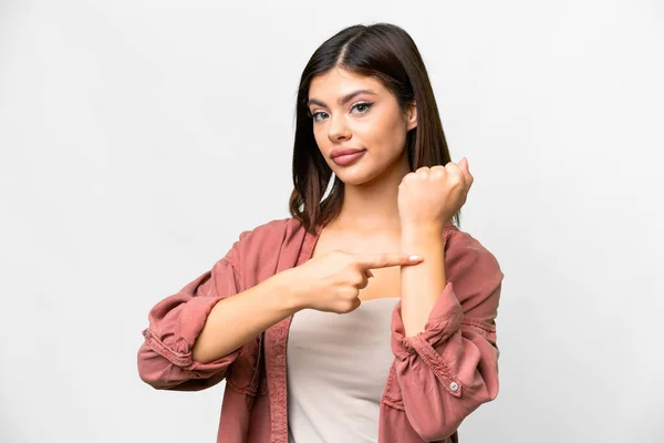 Young Russian Woman Isolated White Background Making Gesture Being Late — Stok fotoğraf