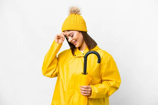 Mujer Rusa Joven Con Abrigo Impermeable Paraguas Sobre Fondo Blanco —  Fotos de Stock