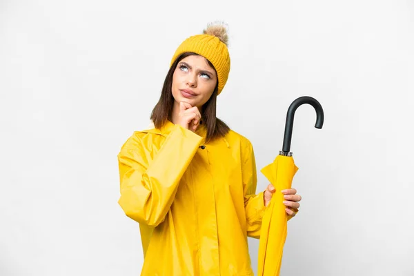 Young Russian Woman Rainproof Coat Umbrella Isolated White Background Looking — ストック写真